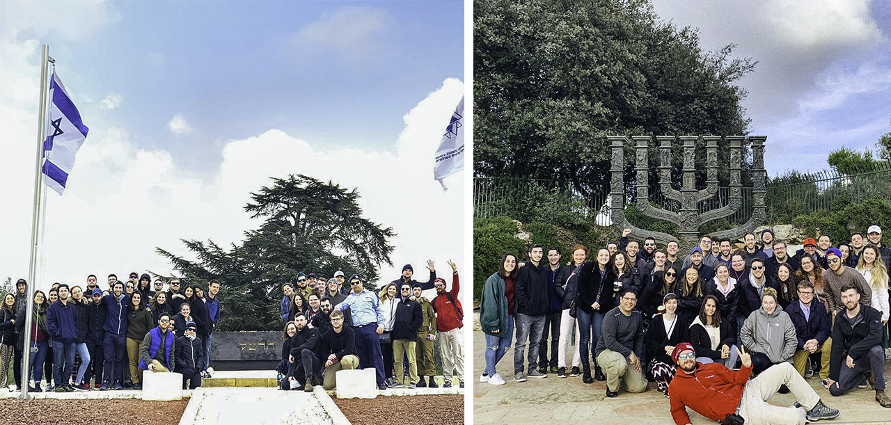 A collage of photos of Liora Mara and Guy Richards' Birthright Israel group at Har Herzl