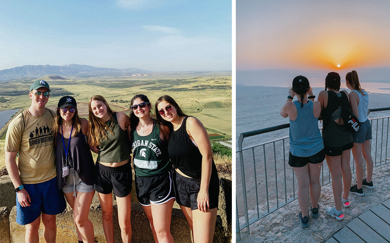 A collage of photos from Maya Rosen's 2019 Birthright Israel trip, including Masada and the Golan Heights.