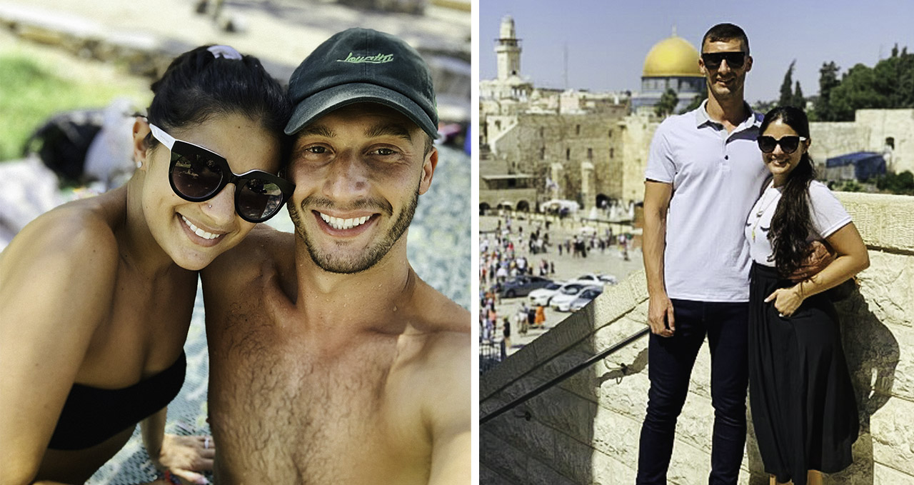 A collage of photos of Loren and Alexei Brovarnik in Israel: on the beach and at the Kotel