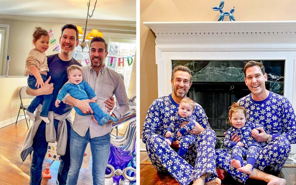 David Rak and Oren Henry with their kids during their son's first birthday and Chanukah