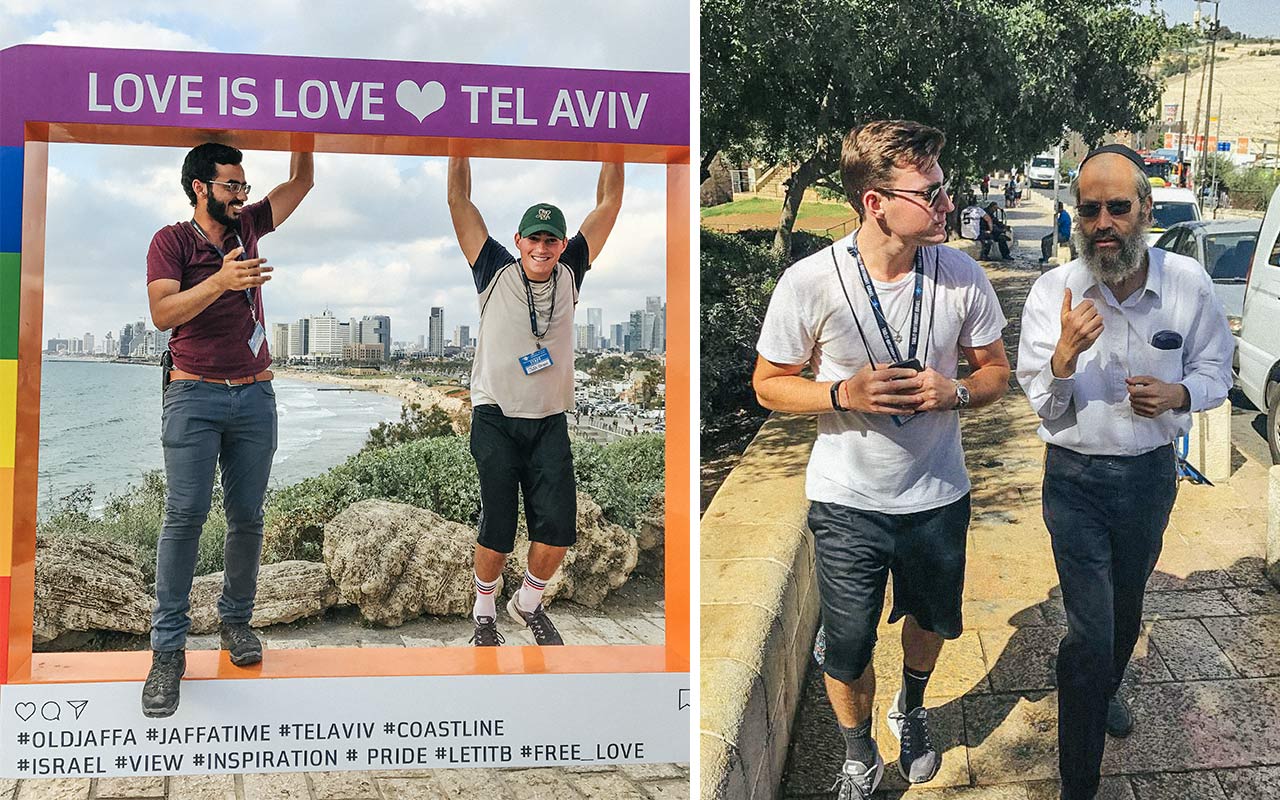 Photos of Jeffrey Green in Tel Aviv on the Love is Love sculpture as well as walking with a rabbi in Jerusalem