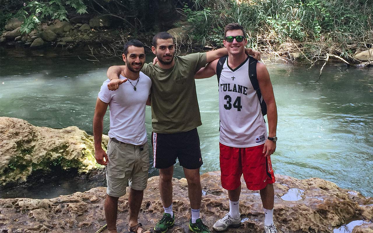 Jeffrey Green with two Mifgash members of his Birthright Israel group on a hike in the Ein Gedi Nature Reserve