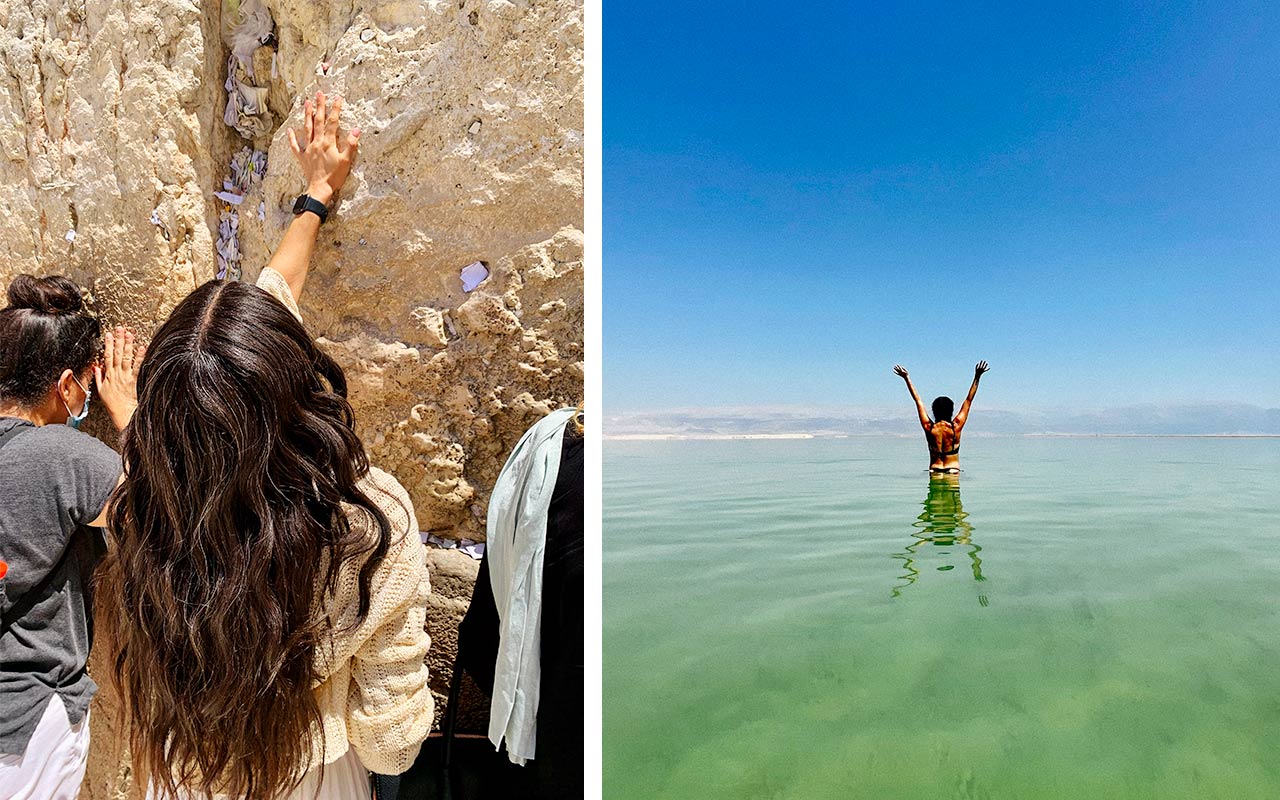 Birthright Israel alumna Alana Wortsman in the Dead Sea and at the Kotel in the summer of 2021