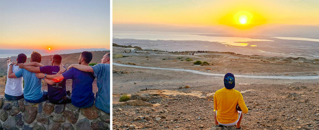 Two photos of Sam Olsen with his 2021 Birthright Israel group enjoying the sunrise on Masada