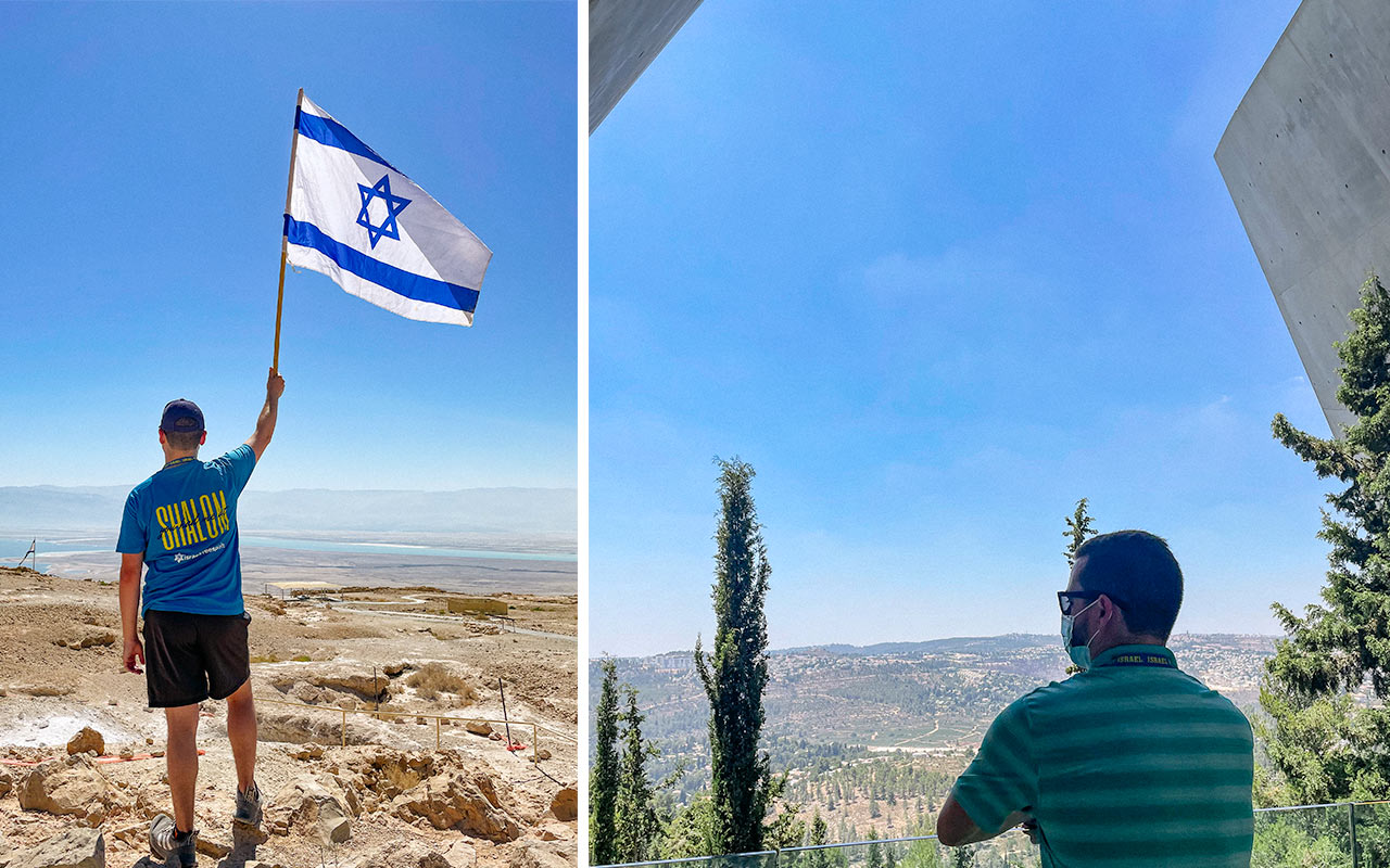 Collage: 2021 Birthright Israel alumnus Joshua Mitchell-Arbital holding an Israeli flag high on top of Masada and looking out at the view from Yad Vashem
