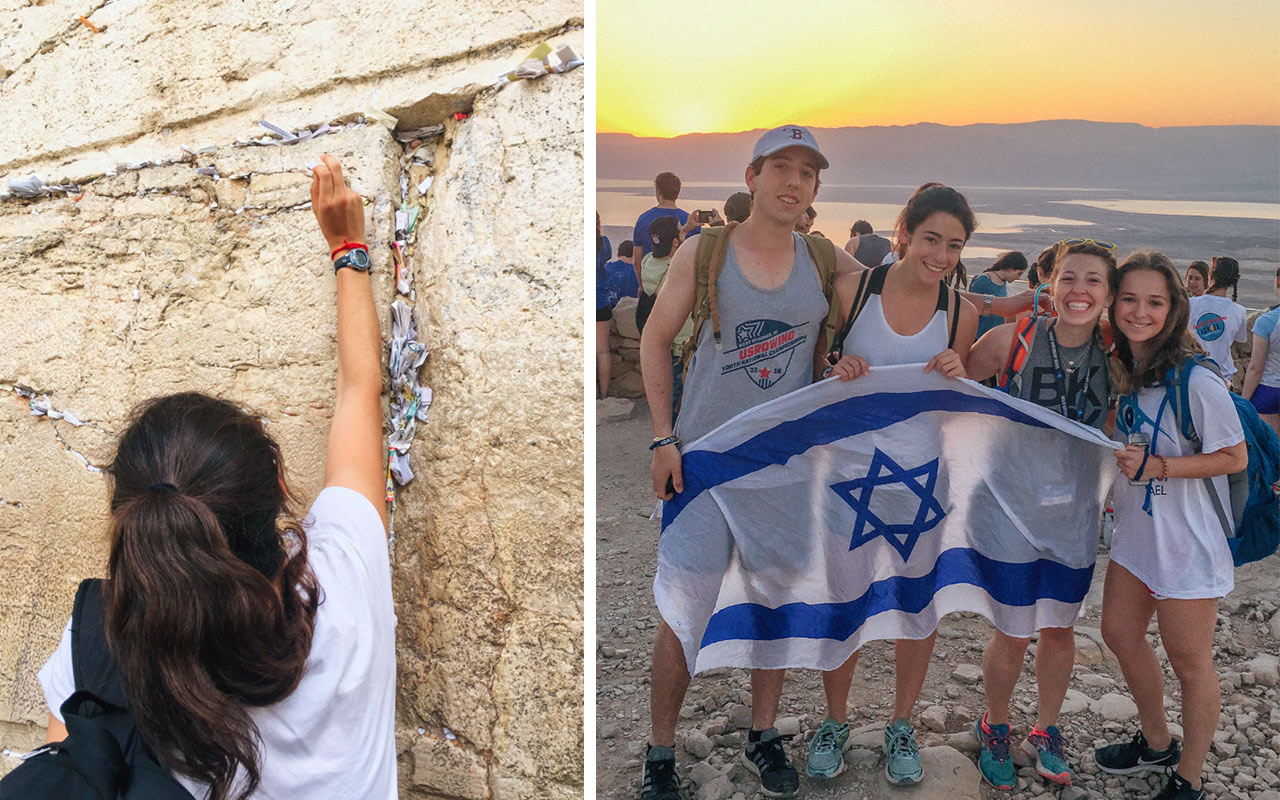 Lauren Gruber putting a message in the Kotel and standing on top of Masada with 3 members of her Birthright Israel group holding the Israeli flag