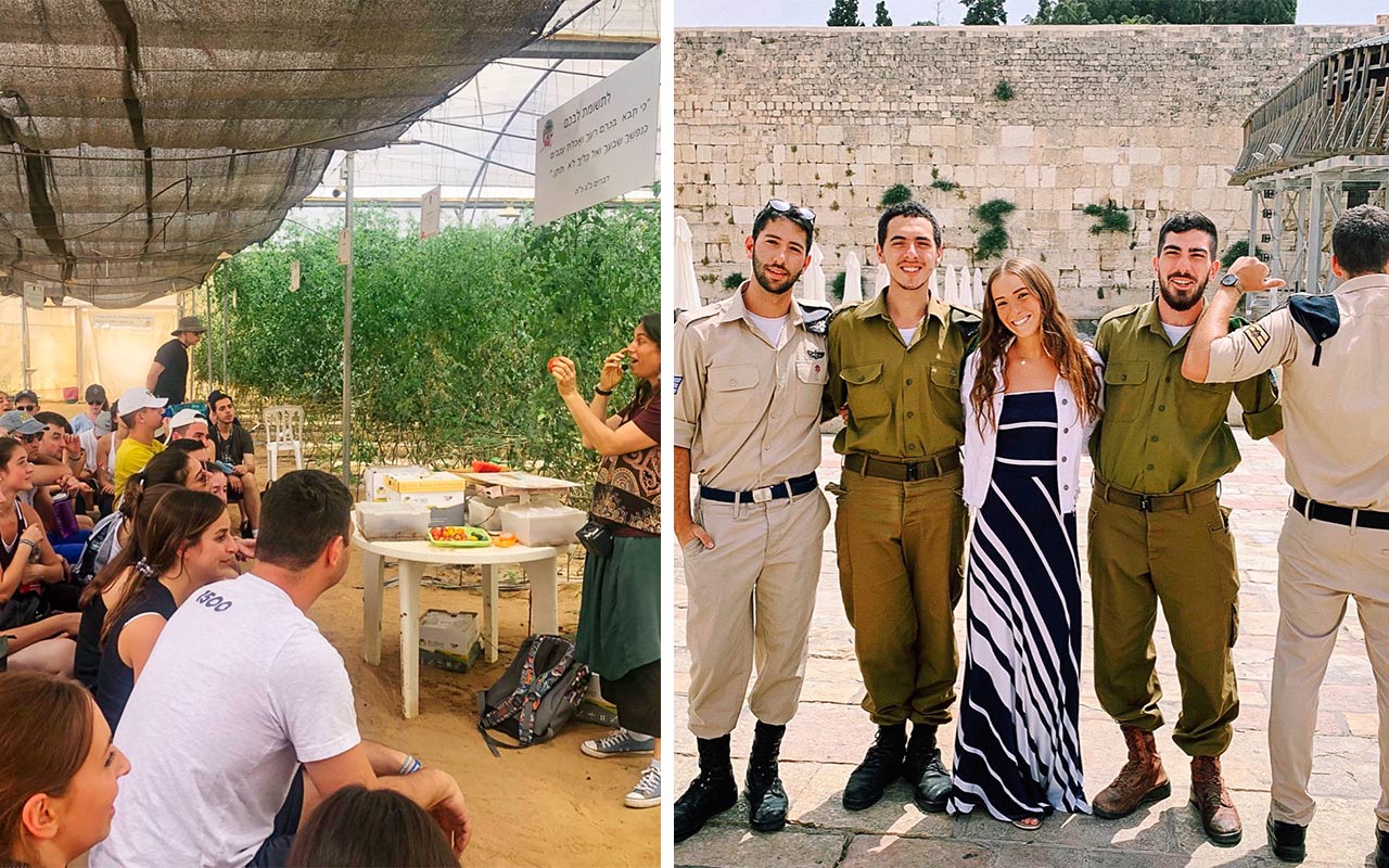Birthright Israel Trip Staff Lexi Tobin at the Western Wall and at a kibbutz