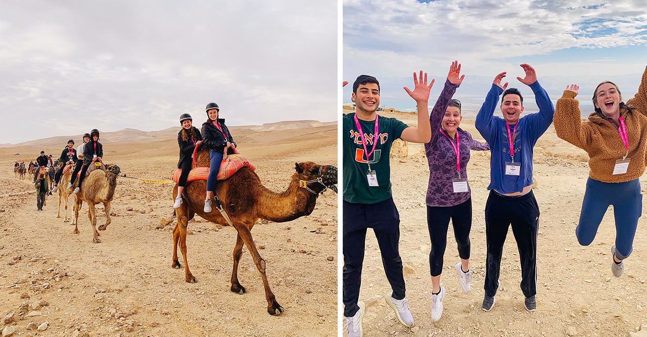 Birthright Israel participant Trudi Fleischman riding camels in the Negev and jumping with her group on top of Masada
