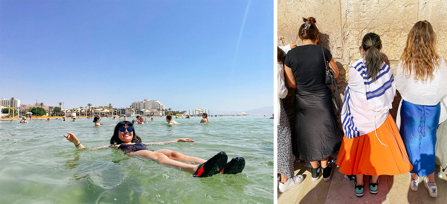 A collage of photos of 2022 Birthright Israel participant Ava Rigelhaupt floating in the Dead Sea and praying at the Kotel
