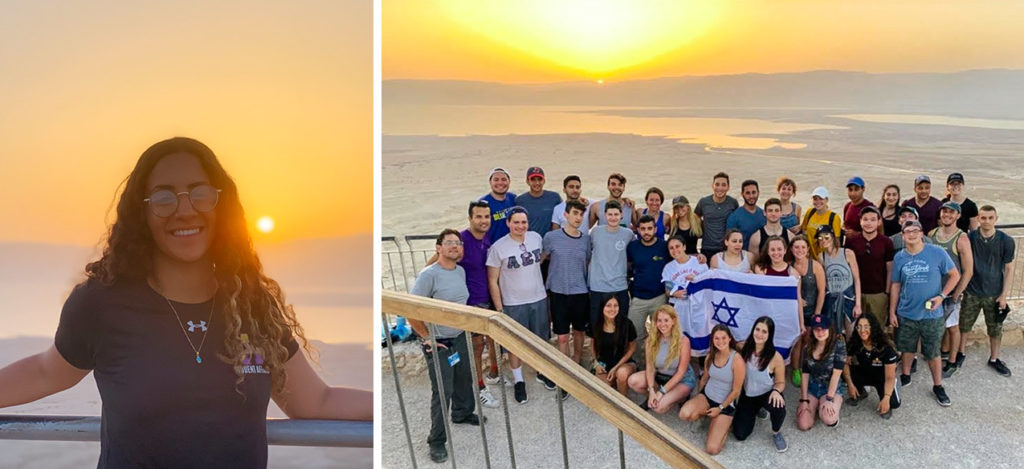 A collage of photos of Gabriela Cohen on top of Masada with her Birthright Israel group