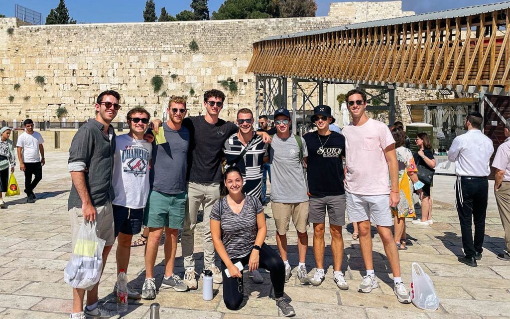 Isaac Goldman with his Birthright Israel group in front of the Kotel