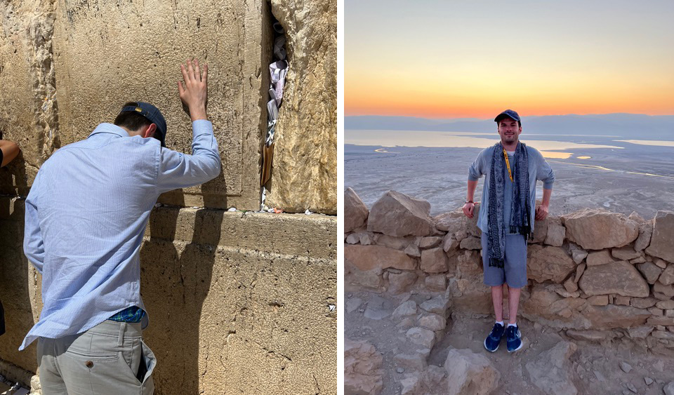A collage of photos of Birthright Israel and Onward Israel alumnus Ted Rosner at the Kotel and on top of Masada