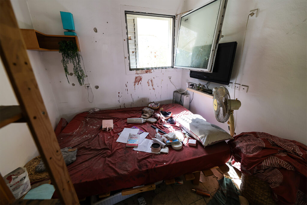 A bloodstained bedroom in the home of a Kibbutz in Southern Israel following the October 7 attack